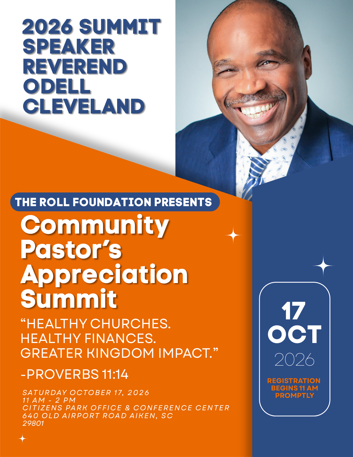 Community Pastor's Appreciation Summit flyer featuring Reverend Odell Cleveland